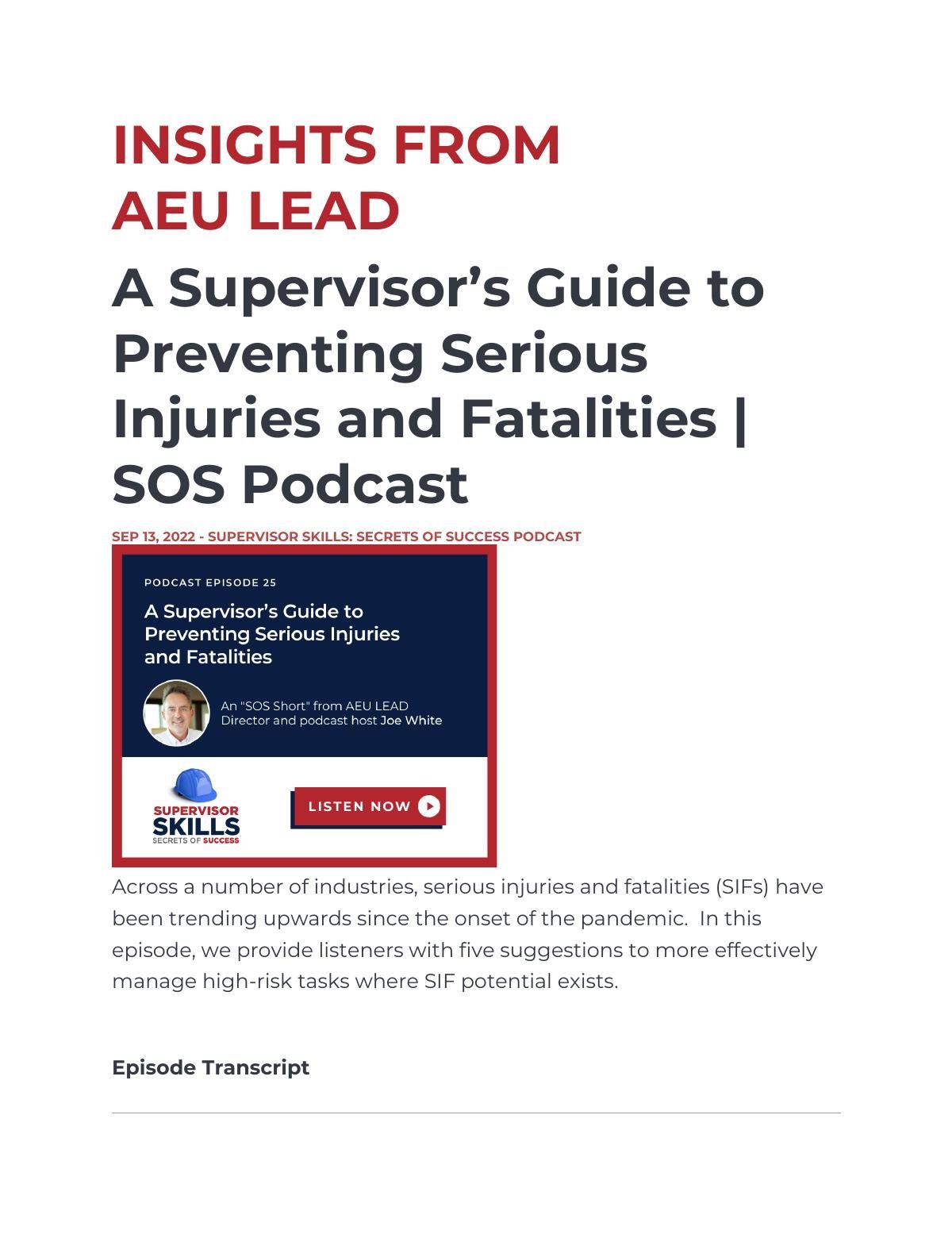 A Supervisor’s Guide to Preventing Serious Injuries and Fatalities | SOS Podcast