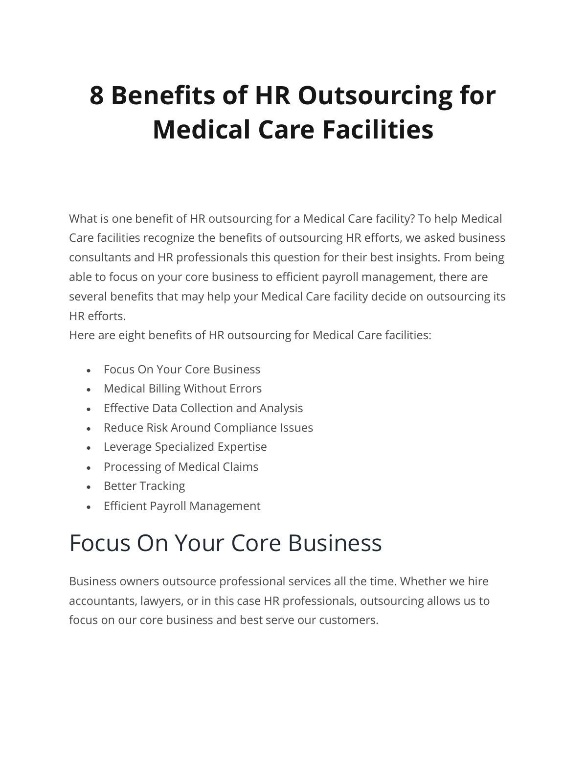 8 Benefits of HR Outsourcing for Medical Care Facilities