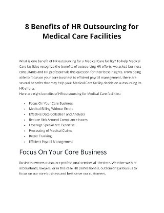 8 Benefits of HR Outsourcing for Medical Care Facilities