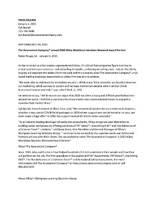 The Assessment Company® named 2020 Wiley Workforce Solutions Diamond Award Partner