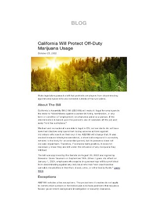 California Will Protect Off-Duty Marijuana Usage