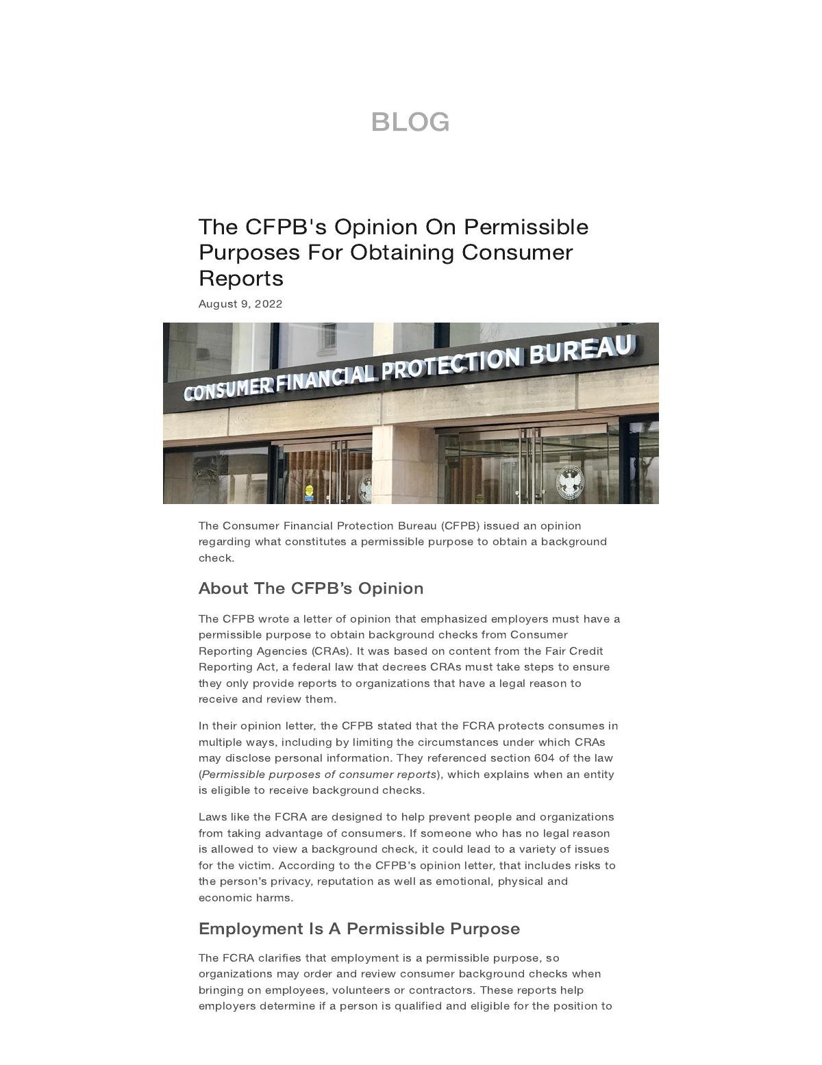 The CFPB's Opinion On Permissible Purposes For Obtaining Consumer Reports - Backgrounds Online BLOG