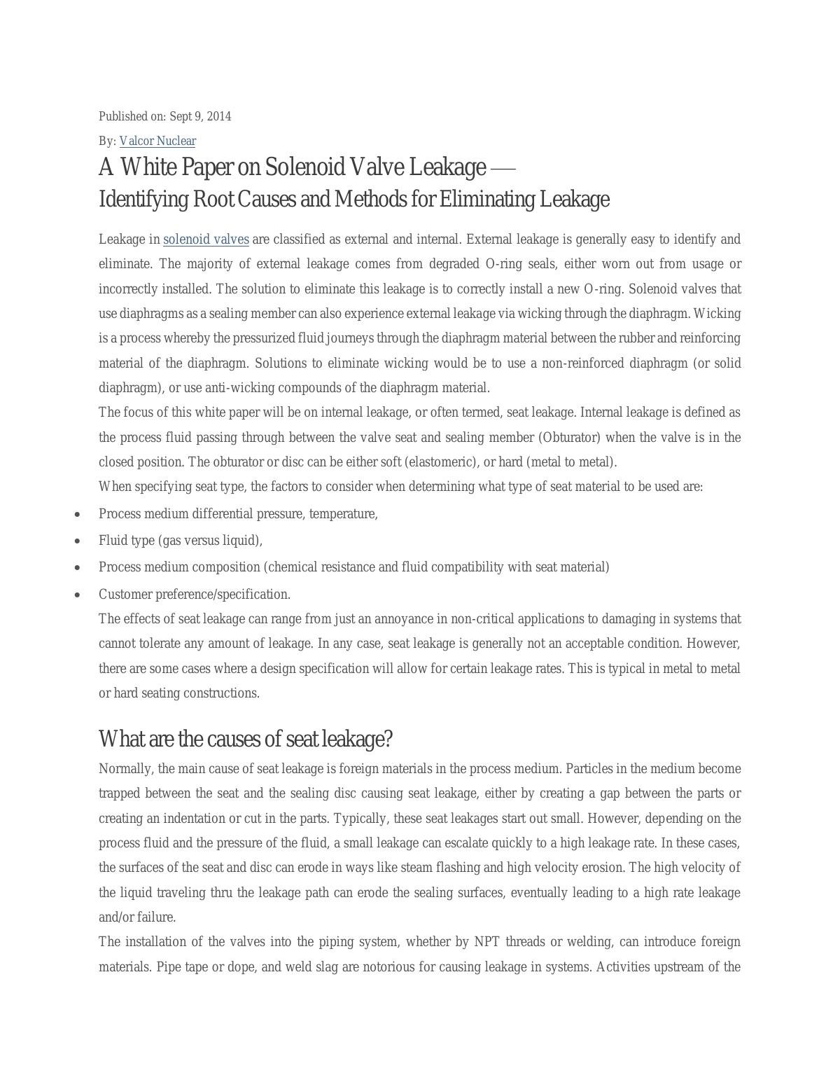 Identifying Root Causes and Methods for Eliminating Leakage in Solenoid Valves
