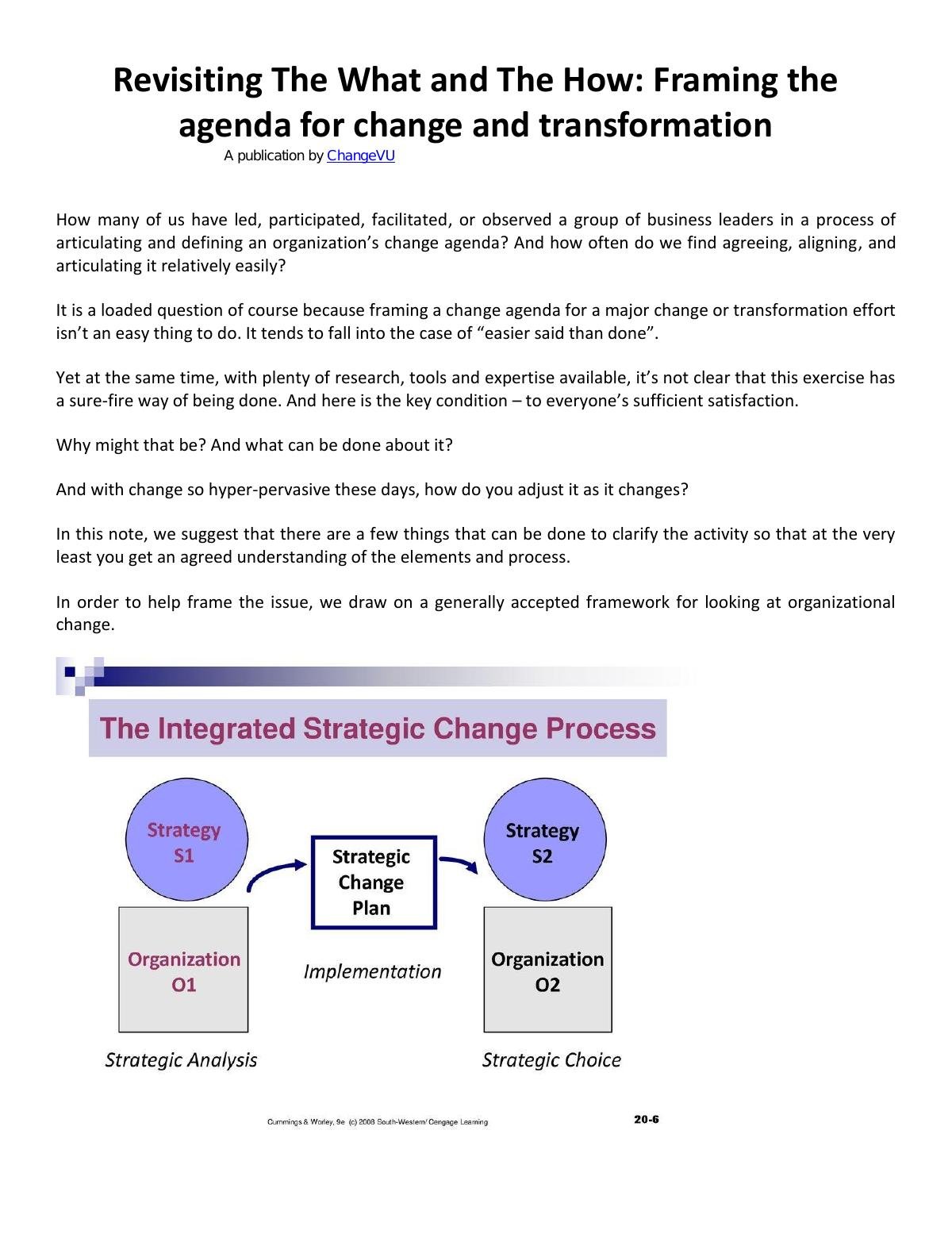 Revisiting The What and The How: Framing the agenda for change and transformation