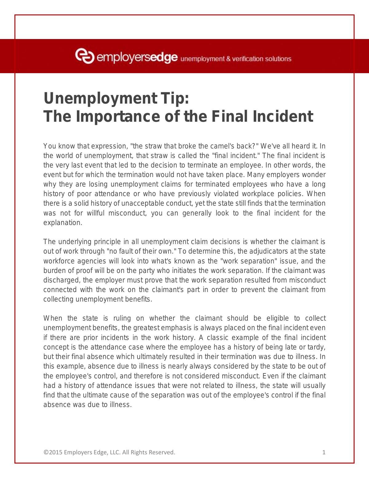 Unemployment Tip - The Importance of the Final Incident