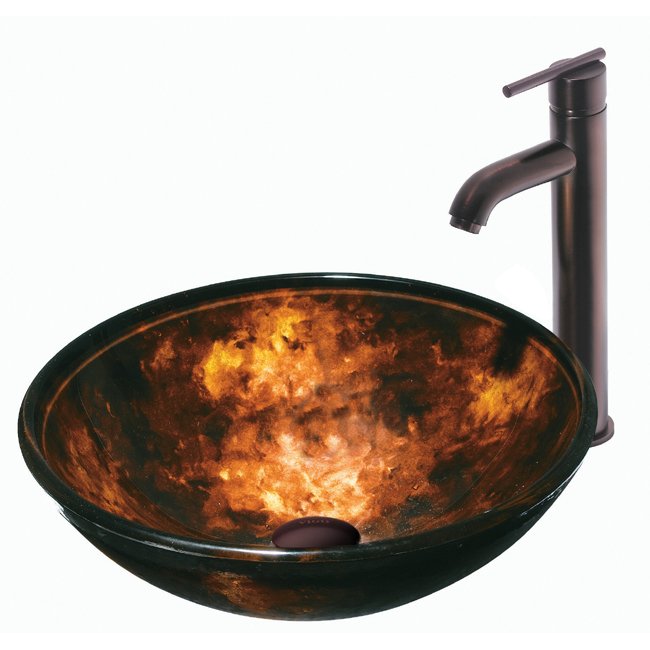 Brown and Gold Fusion Glass Vessel Sink and Faucet Set