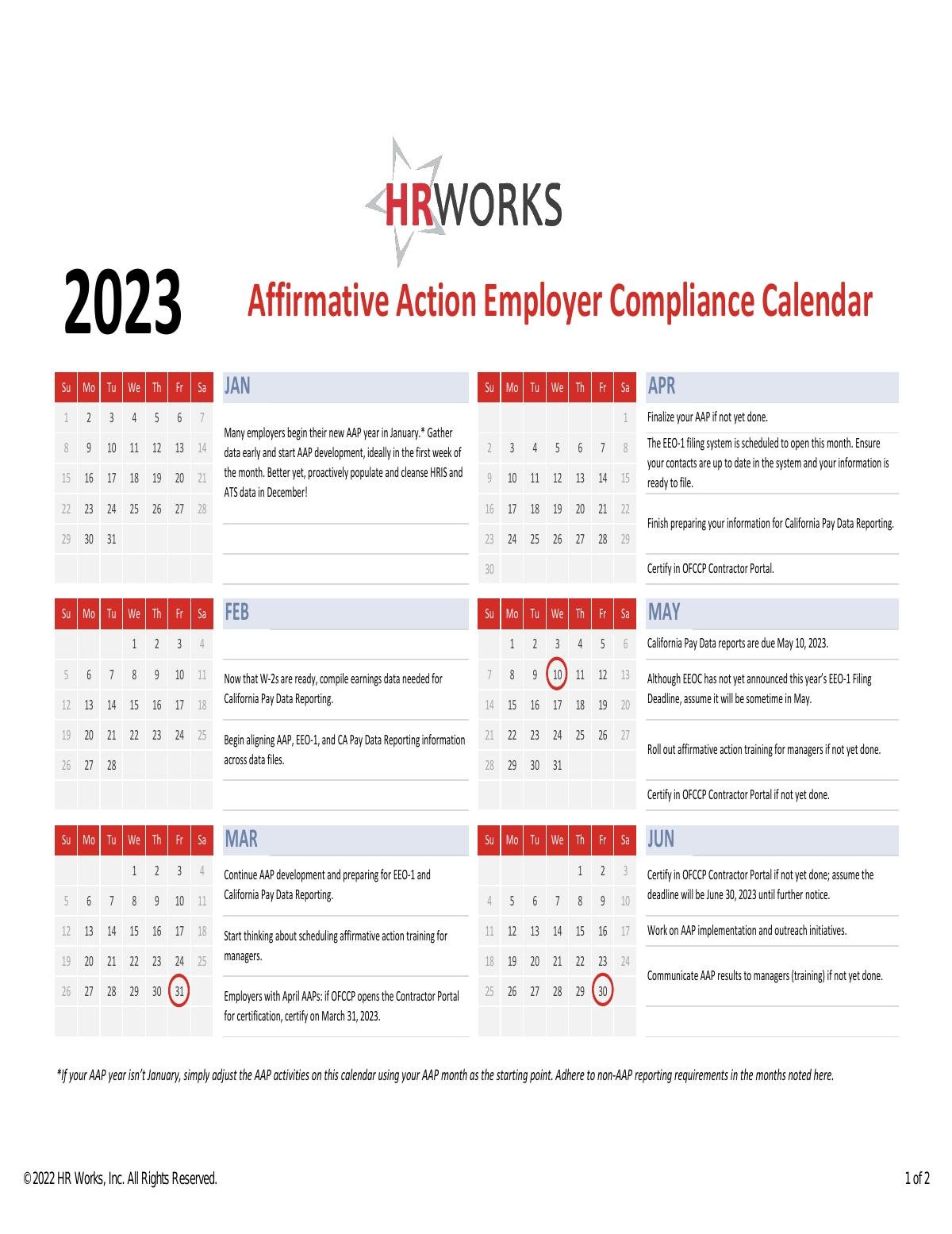Affirmative Action Employer Compliance Calendar