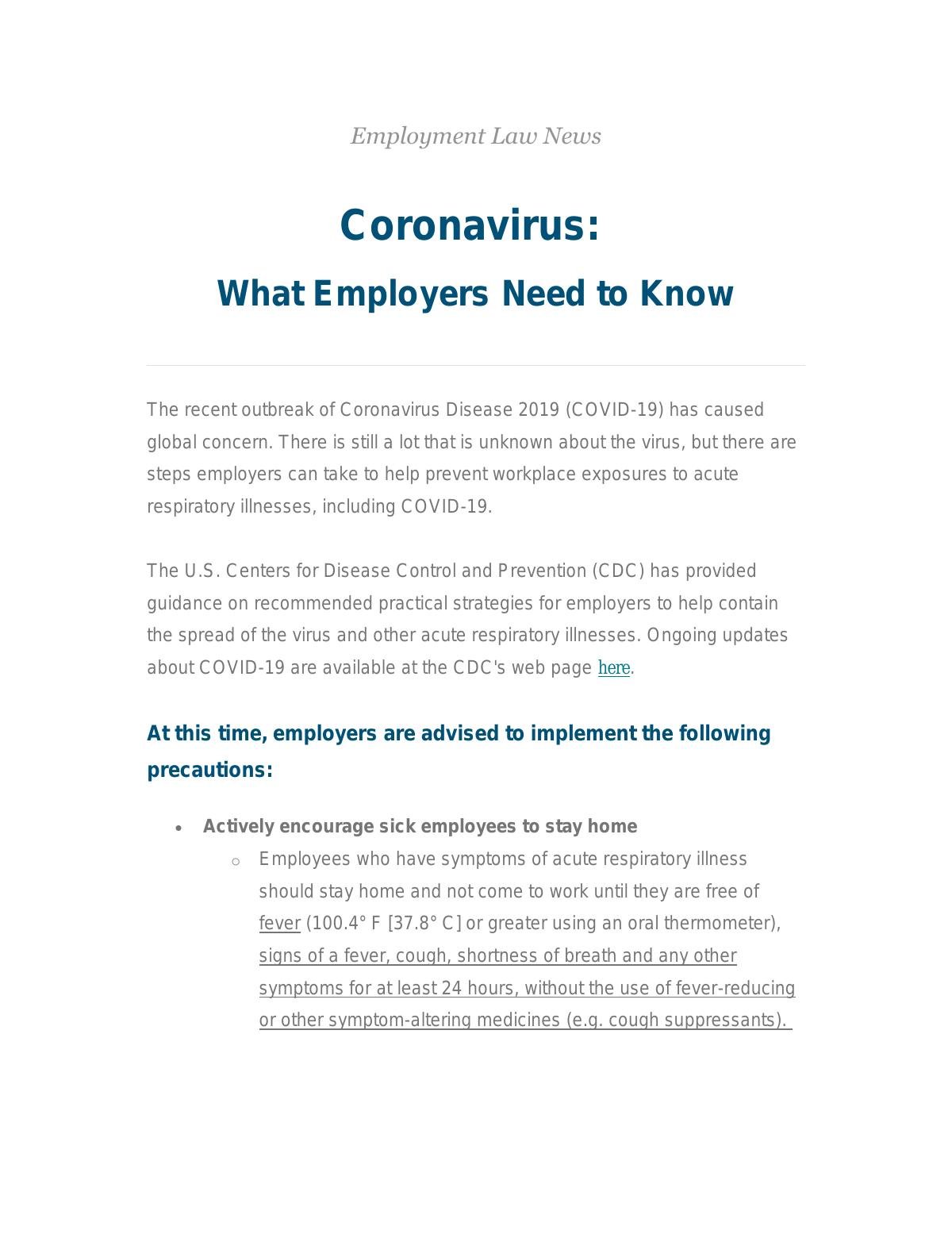 Coronavirus:  What Employers Need to Know