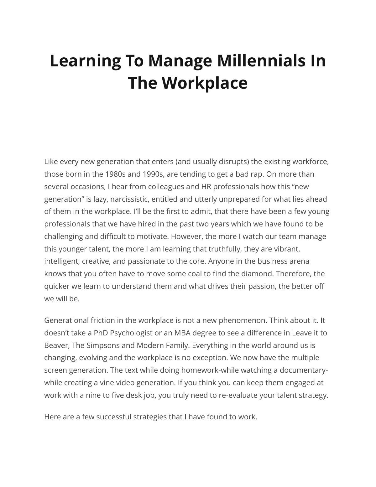 Learning To Manage Millennials In The Workplace    