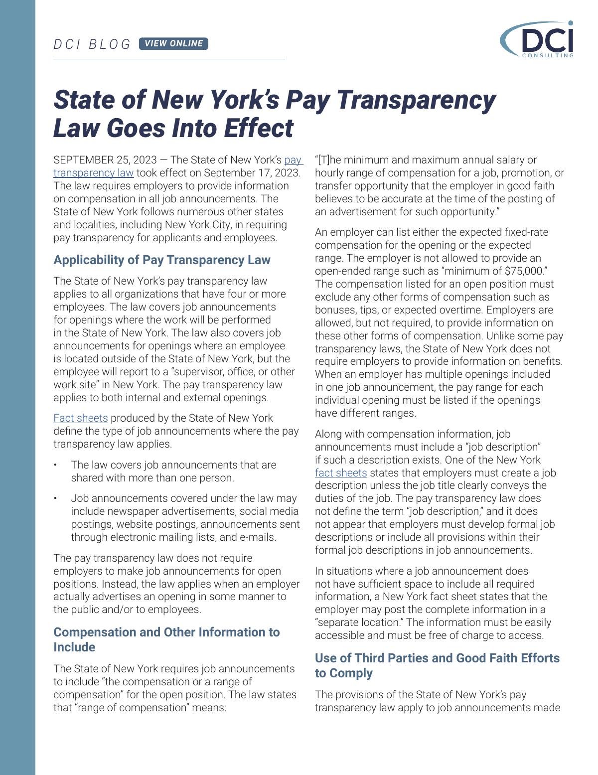 State of New York's Pay Transparency Law Goes Into Effect