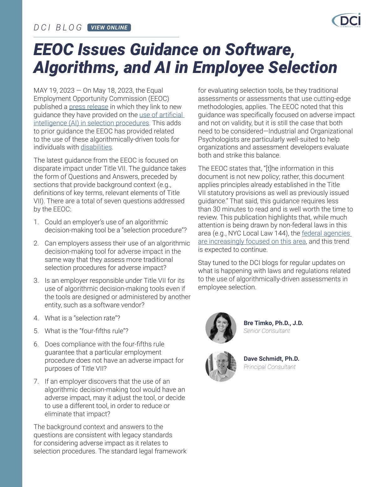 EEOC Issues Guidance on Software, Algorithms, and AI in Employee Selection
