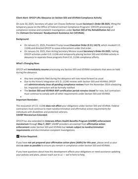 OFCCP Lifts Abeyance on Section 503 and VEVRAA Compliance Activity 