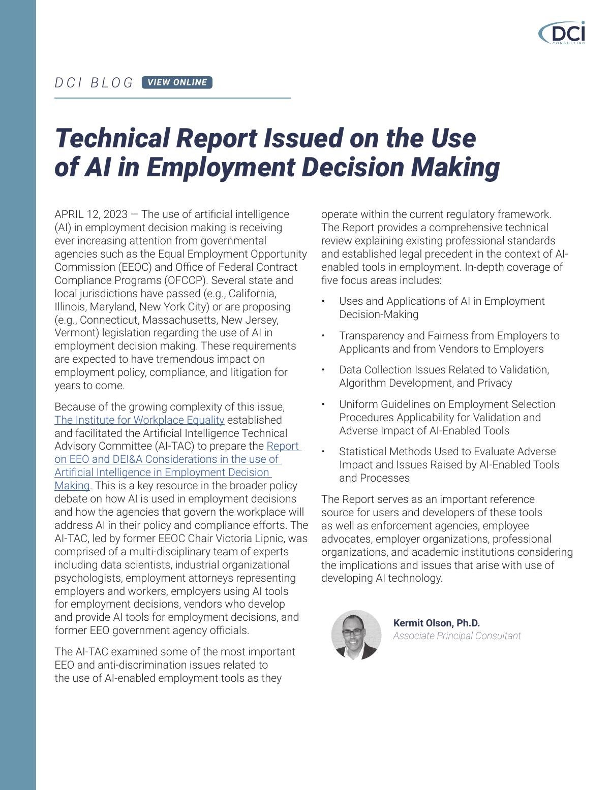 Technical Report Issued on the Use of AI in Employment Decision Making