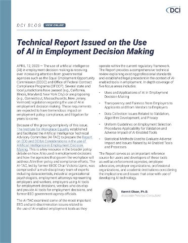 Technical Report Issued on the Use of AI in Employment Decision Making