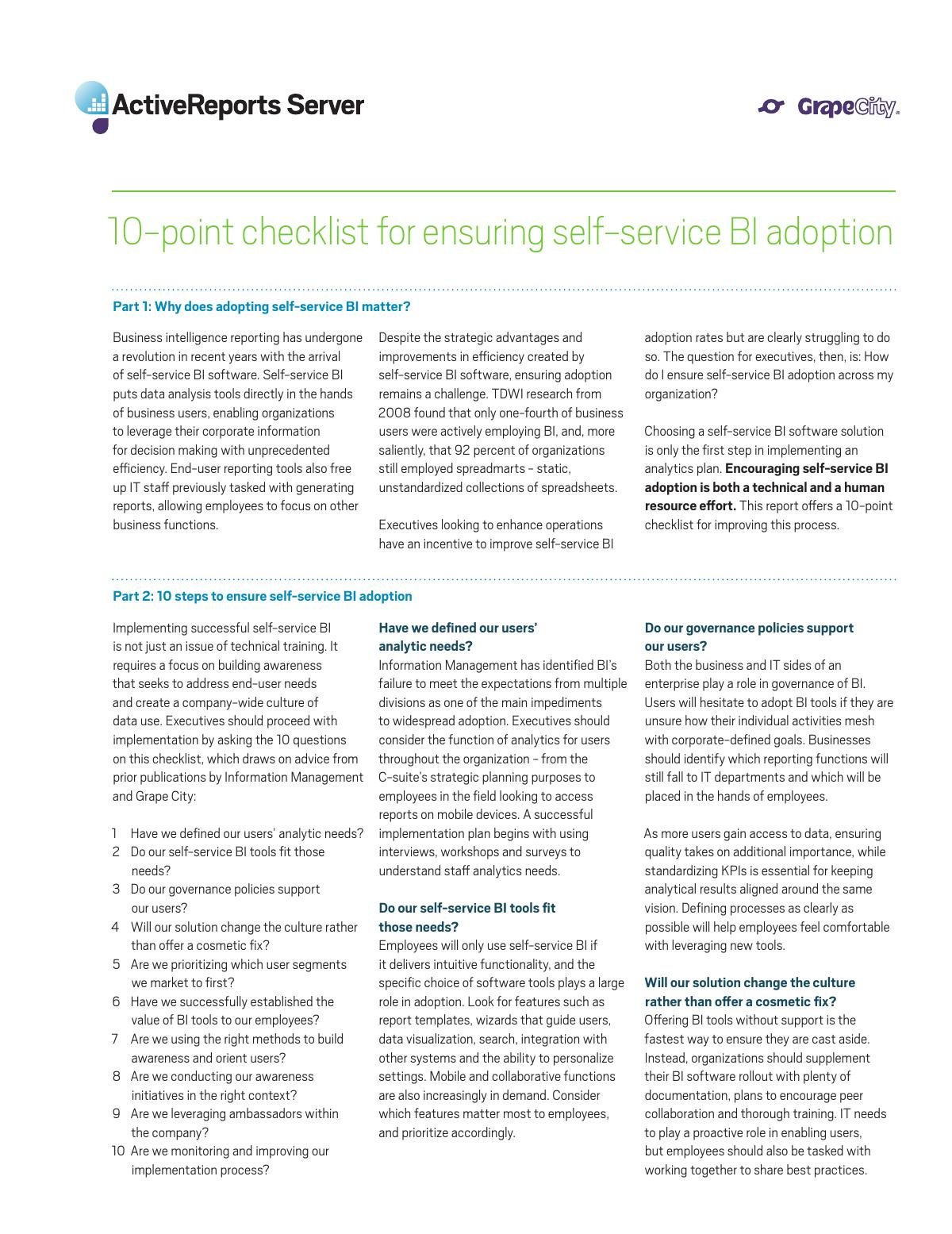 10-point checklist for ensuring self-service BI adoption