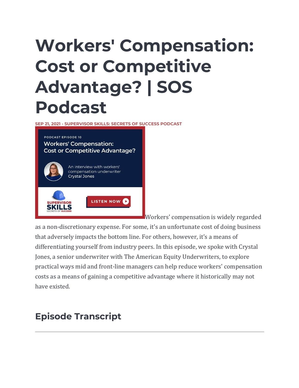 Workers' Compensation: Cost or Competitive Advantage? | SOS Podcast