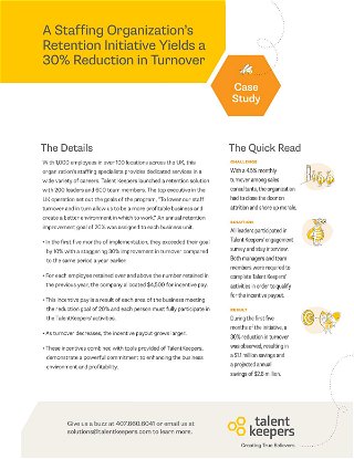 A Staffing Organization’s Retention Initiative Yields a 30% Reduction in Turnover