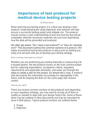 Importance of Test Protocol for Medical Device Testing Projects