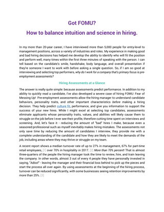 Intuition, Assessments, and FOMU?