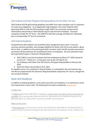 ACA Federal and State Filing/Furnishing Deadlines for the 2022 Tax Year