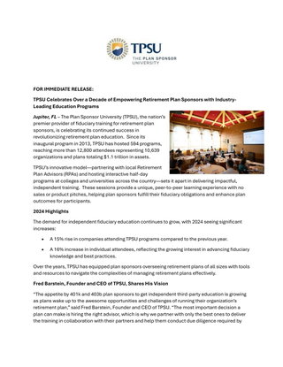 TPSU Celebrates Over a Decade of Empowering Retirement Plan Sponsors with Industry-Leading Education Programs