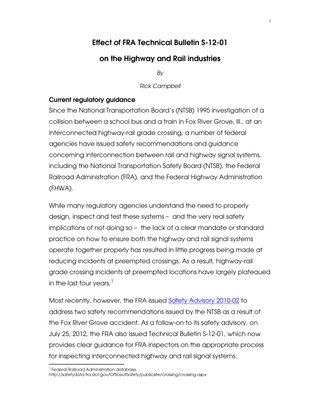 1 Effect of FRA Technical Bulletin S - 12 - 01 on the Highway and Rail industries