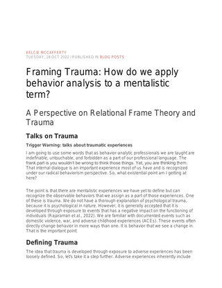 Framing Trauma: How do we apply behavior analysis to a mentalistic term? A Perspective on Relational Frame Theory and Trauma