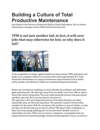 Building a Culture of Total Productive Maintenance