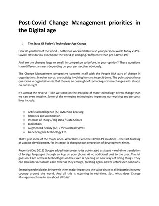 Post-Covid Change Management priorities in the Digital age