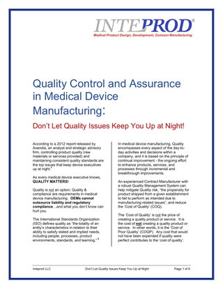 Quality Control and Assurance in Medical Device Manufacturing:  Don’t Let Quality Issues Keep You Up