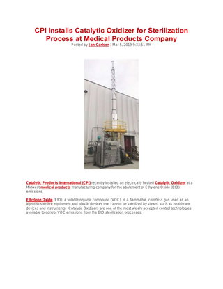CPI Installs Catalytic Oxidizer for Sterilization Process at Medical Products Company