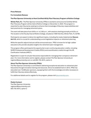 The Plan Sponsor University to Host Certified 401(k) Plan Fiduciary Program at Rollins College