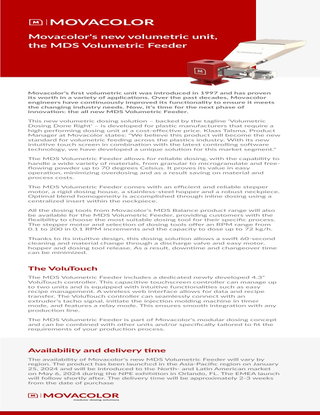 'Dosing Done Right' With the new MDS Volumetric Feeder from Movacolor