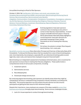 Annual Benchmarking Is a Must for Plan Sponsors