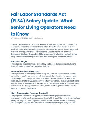 Fair Labor Standards Act (FLSA) Salary Update: What Senior Living Operators Need to Know