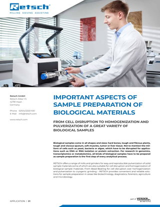 Important Aspects of Sampled Preparation of Biological Materials: From Cell Disruption to Homogenization and Pulverization of a Great Variety of Biological Sampels