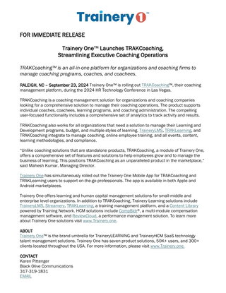 Trainery One™ Launches TRAKCoaching,  Streamlining Executive Coaching Operations