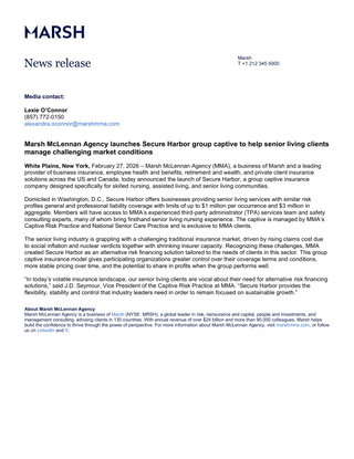 Marsh McLennan Agency launches Secure Harbor group captive to help senior living clients manage challenging market conditions