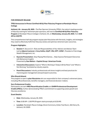 TPSU Announces In-Person Certified 401(k) Plan Fiduciary Program at Randolph-Macon College