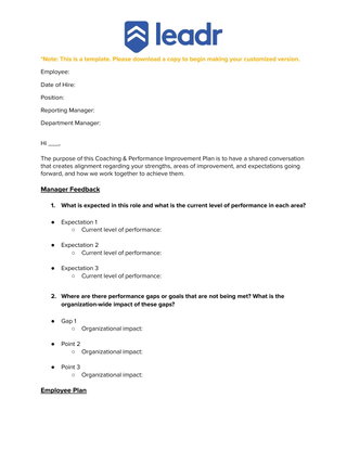Performance Improvement Plan (PiP) Template