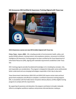HSI Offers Texas Department of Information Resources Certified AI Awareness Training Aligned with Texas Law