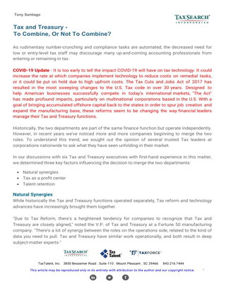 Tax and Treasury - To Combine Or Not To Combine?