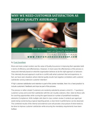 WHY WE NEED CUSTOMER SATISFACTION AS PART OF QUALITY ASSURANCE