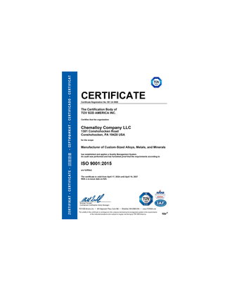 Chemalloy Certificates, ISO 9001 and ISO 14001