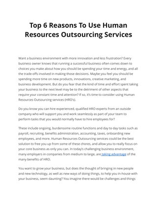 Top 6 Reasons To Use Human  Resources Outsourcing Services
