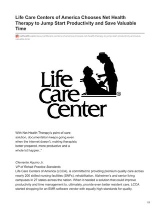 Life Care Centers of America Chooses Net Health Therapy to Jump Start Productivity and Save Valuable