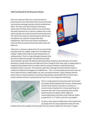 Table Tent Diversity for the Restaurant Industry