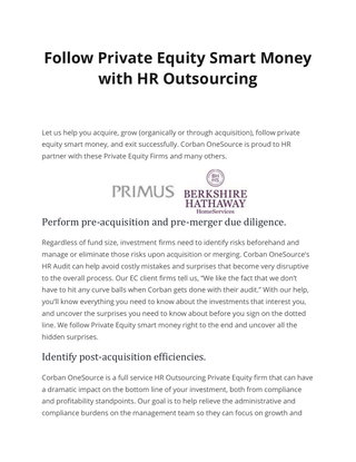 Follow Private Equity Smart Money  with HR Outsourcing