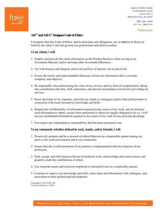 Code of Ethics for Accredited Investment Fiduciary Analyst (AIFA) Designees