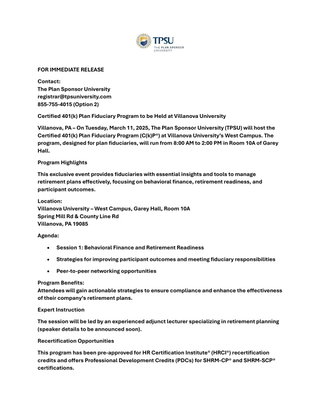 Certified 401(k) Plan Fiduciary Program to be Held at Villanova University